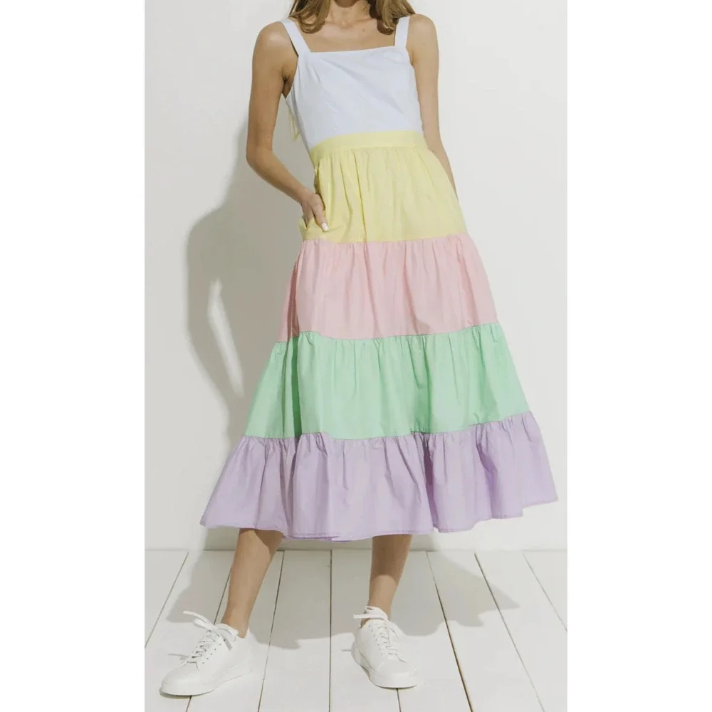 English Factory Pastel Color Block Tiered Midi Dress Sleeveless Size Medium - Picture 15 of 16